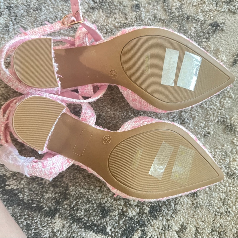 Tweed Ankle Wrap Pointed Toe Pumps in Pink - Picture 3 of 7